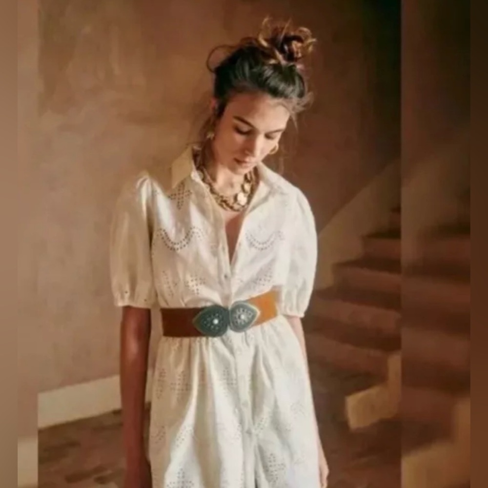 Sezane Jasmin cotton and linen embroidered eyelet button up white dress 42